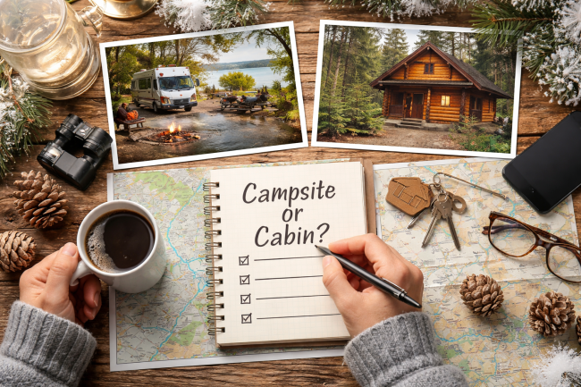 Camper comparing campsite and cabin options while planning a camping trip